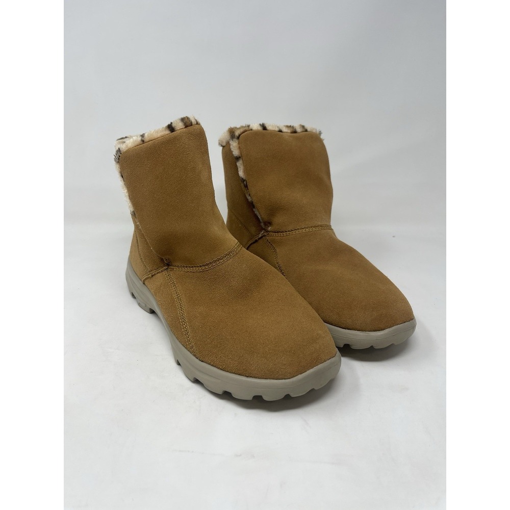 Skechers Boots Chestnut & Leopard Goga Mat On The Go Suede Faux Fur Lined Size 8